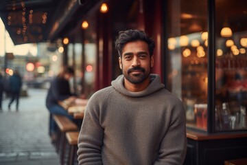 Portrait of a content indian man in his 30s dressed in a comfy fleece pullover in bustling city cafe