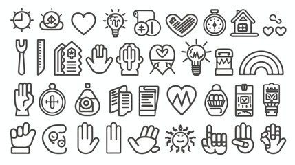 Support and care icons thin line art set. Black vector