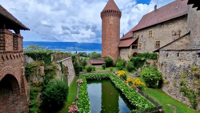 Switzerland scenic places. Estavayer-le-lac - charming traditional village, lake Neuchatel. aerial drone video of medieval castle. Canton Fribourg