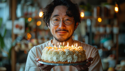 Asian young man Holding a Birthday cake. Close up festive cake with burning candles happy bearded unrecognizable birthday man smiling make wish celebrate event with friends at home party 