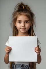 Naklejka premium Nine-year-old girl smiling while holding a blank white board, perfect for ads or messages