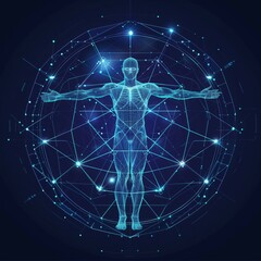 A man interacts with a digital Vitruvian Man, blurring the lines between art, science, and technology. Low-poly vector in a blue hologram style.