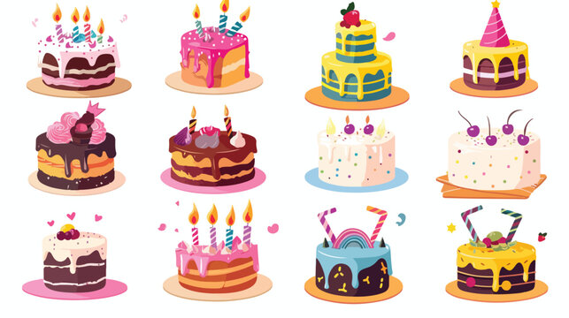 Sweet cakes with candles and hat party flat vector isolated