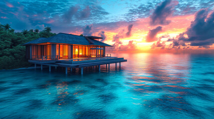 Sunset Glow on Tropical Overwater Villa.Overwater bungalow bathed in the warm glow of a tropical sunset.