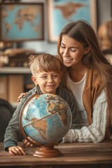 Fototapeta premium Happy young woman using a vintage globe to teach an 8-year-old boy about geography