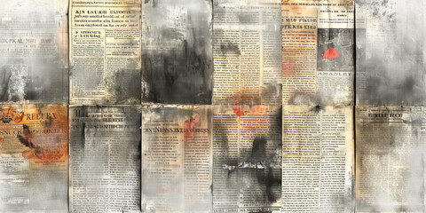Old grunge background with newspapers torn and painted pages. Creative vintage background with copy space.