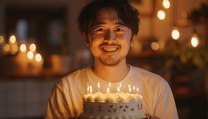 Asian young man Holding a Birthday cake. Close up festive cake with burning candles happy bearded unrecognizable birthday man smiling make wish celebrate event with friends at home party 