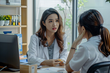 Doctor consulting female patient about pills and dicsussing health treatment sitting in the office at the desk