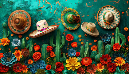 Cinco De Mayo concept with a cactus and a sombrero. Mexican holiday traditions, colors mexican flag.