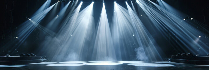 Empty concert stage with illuminated spotlights and smoke. Stage background , white spotlight and smoke, empty black stage with  white spotlights