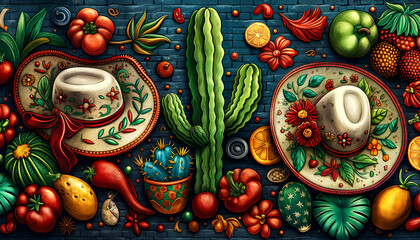 Cinco De Mayo concept with food, cactus and a sombrero. Mexican holiday traditions, colors mexican flag.
