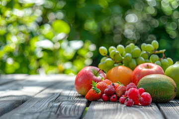 Fresh Ripe Sweet Fruits on the Wooden Table in the Garden. Fresh Organic Food