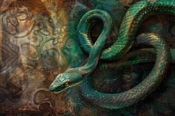 Obraz premium Green Snake Coiled on Ancient Symbol-Engraved Stone with Mystical Ambiance