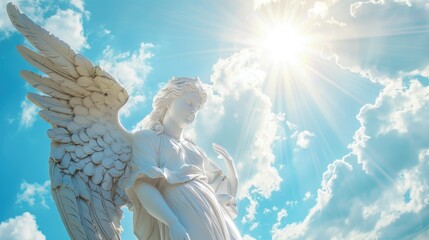 Beautiful angel statue with open wings in white on blue sky background. - Powered by Adobe