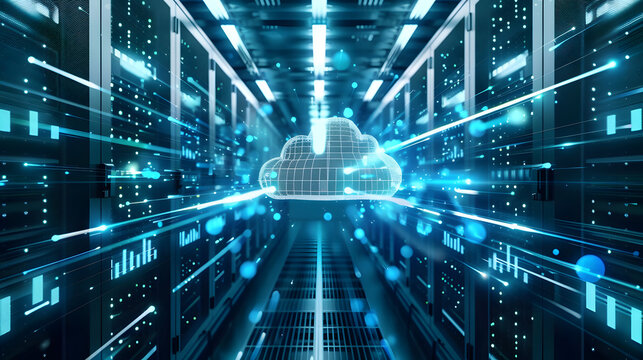A cloud icon in a brightly lit server room filled with rows of servers. 