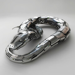 A robotic snake, sleek and agile, engineered from intricate components, slithers with fluid motion, its sensors mimicking serpent behaviors convincingly 3D (Generative Ai)