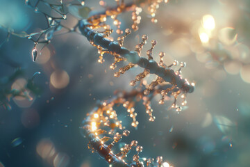 elegant portrayal of DNA molecules illuminated by soft light against a clean backdrop, suggesting the beauty and complexity of genetic science in the context of futuristic medical