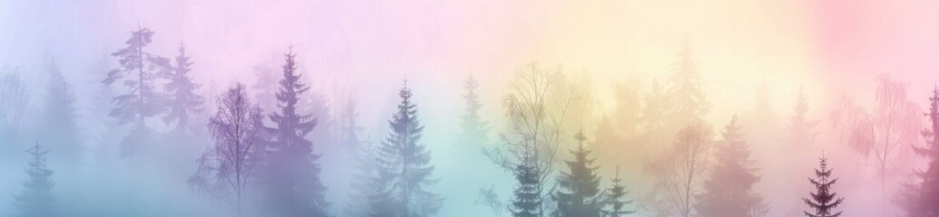 Beautiful blurred nature background with trees and fog in rainbow colors.
