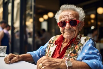Portrait of a merry elderly man in his 90s wearing a trendy sunglasses isolated in bustling city cafe