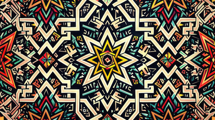 Wallpaper with intricate geometric pattern, intertwining lines and tribal style shapes forming a hypnotic maze of monochrome stars and triangles with a sense of depth