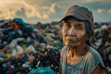 Portrait of a sad Asian Woman Amidst Waste at Landfill Site: Concept of waste management and...