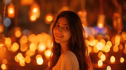 Beautiful indian woman standing on the background of candles and lanterns.