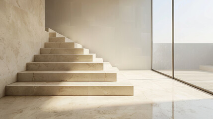 Polished beige stairs reflecting Scandinavian design in a stylish lounge with a window.