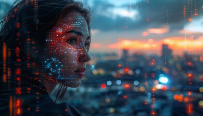 A woman's face is projected onto a city skyline by AI generated image - obrazy, fototapety, plakaty