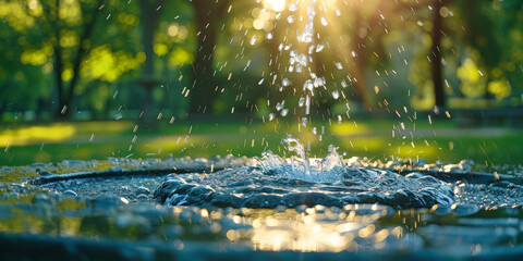 Water being poured from a spout in a park on a sunny day, fountain in the park - obrazy, fototapety, plakaty