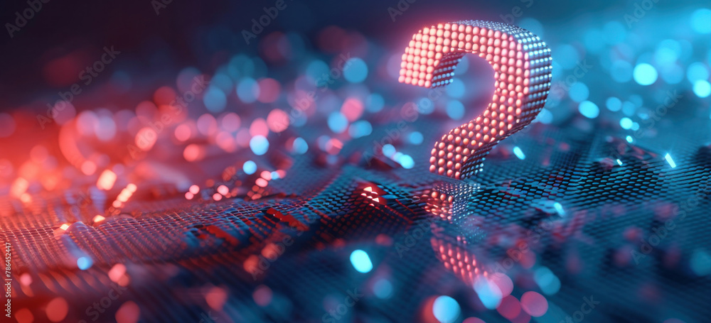 Poster abstract 3d illustration of a glowing question mark on computer screen with red and blue lights in d