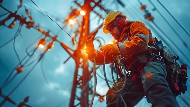 Electrician in protective suit and respirator on high voltage power lines