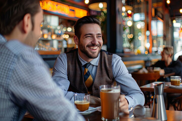 Happy businessman in meeting with colleague at cafe