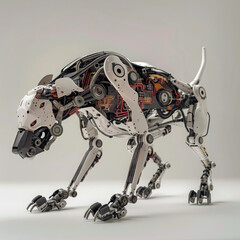 A robotic dog, crafted from metal and circuits, moves with lifelike agility, its sensors detecting, learning, and mimicking canine behaviors seamlessly 3D (Generative Ai)