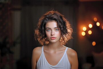 Fototapeta premium Generative AI illustration of young woman with short curly hair looking at camera against dark background with bright glowing lights