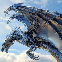 A robotic dragon, mythical and fearsome, crafted from advanced machinery, moves with majestic flight, its sensors replicating legendary creature behaviors convincingly 3D (Generative Ai)