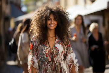 Fototapeta premium Smiling woman in trendy clothes standing on city street