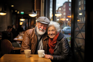 Cheerful senior couple sitting in warm clothes in cafe