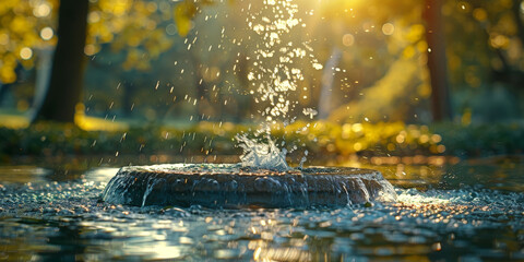 Water being poured from a spout in a park on a sunny day, fountain in the park - obrazy, fototapety, plakaty