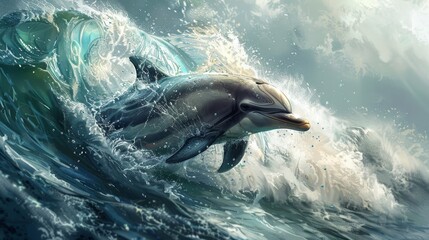 Illustrate the energy of a dolphin splashing in the ocean