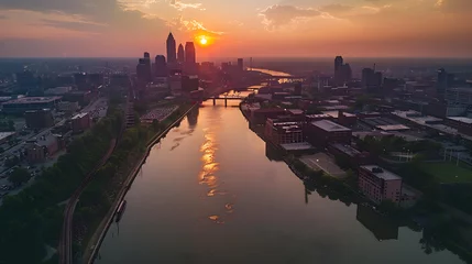Fotobehang Breathtaking Aerial View of Cleveland, Ohio - An Exquisite Blend of Urban Architecture and Natural Beauty at Sunset © Leah