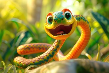 Fototapeta premium Expressive Cartoon Snake Character in Vivid Colors with Engaging Eye Contact