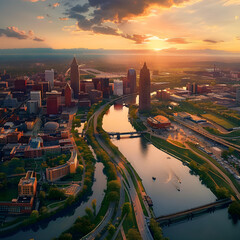 Breathtaking Aerial View of Cleveland, Ohio - An Exquisite Blend of Urban Architecture and Natural Beauty at Sunset - obrazy, fototapety, plakaty