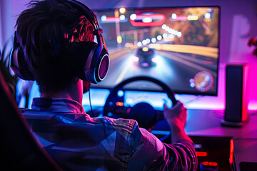 Gamer playing on computer simulator race of car