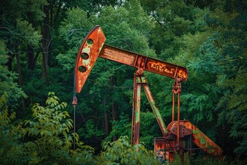 Fototapeta na wymiar Rusty oil pumpjack machinery surrounded by verdant forest, a symbol of industry amidst nature