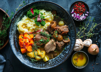 lamb soup with meat, potato and carrots in the bowl standing on the dark table, flat lay