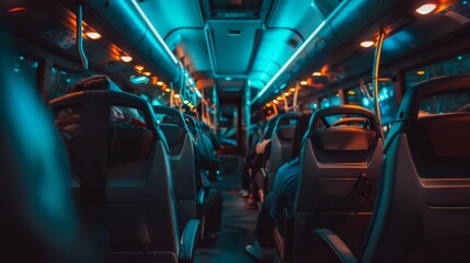 Comfortable bus inside where soft lighting and ergonomic seats create a calming atmosphere for passengers - obrazy, fototapety, plakaty