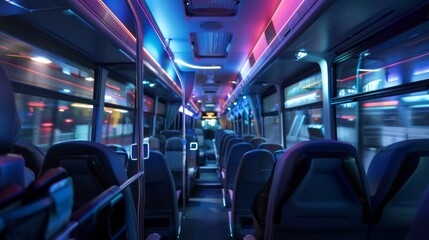 Comfortable bus inside where soft lighting and ergonomic seats create a calming atmosphere for passengers - obrazy, fototapety, plakaty