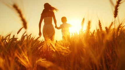 A candid moment of the mother and son running through the wheat field, their silhouettes against the setting sun. 
