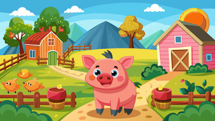 Obraz na płótnie Canvas pig-farm-environments--vibrant-cartoon-illustratio