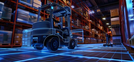 The future of warehousing: A Blue Electric forklift in action amidst a digital warehouse. - obrazy, fototapety, plakaty